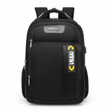 Black backpack with a visible brand logo on a white background