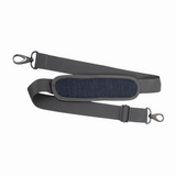 Adjustable gray shoulder strap with navy blue padded grip and metal clasps for bags