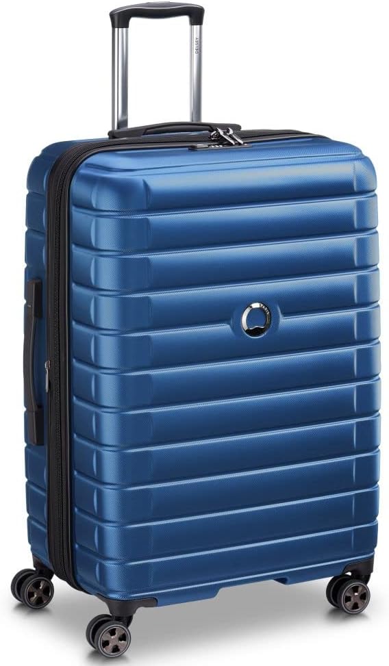 Blue hard-shell travel suitcase with 4 spinner wheels and telescopic handle, ideal for luggage and travel