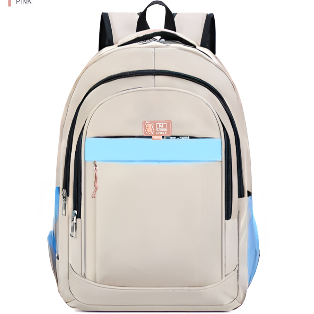 Beige student backpack with blue accents, front pocket, and pink zipper pull for school or travel