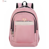 Pink student backpack with front pocket, black trim, and bear logo for school or travel use