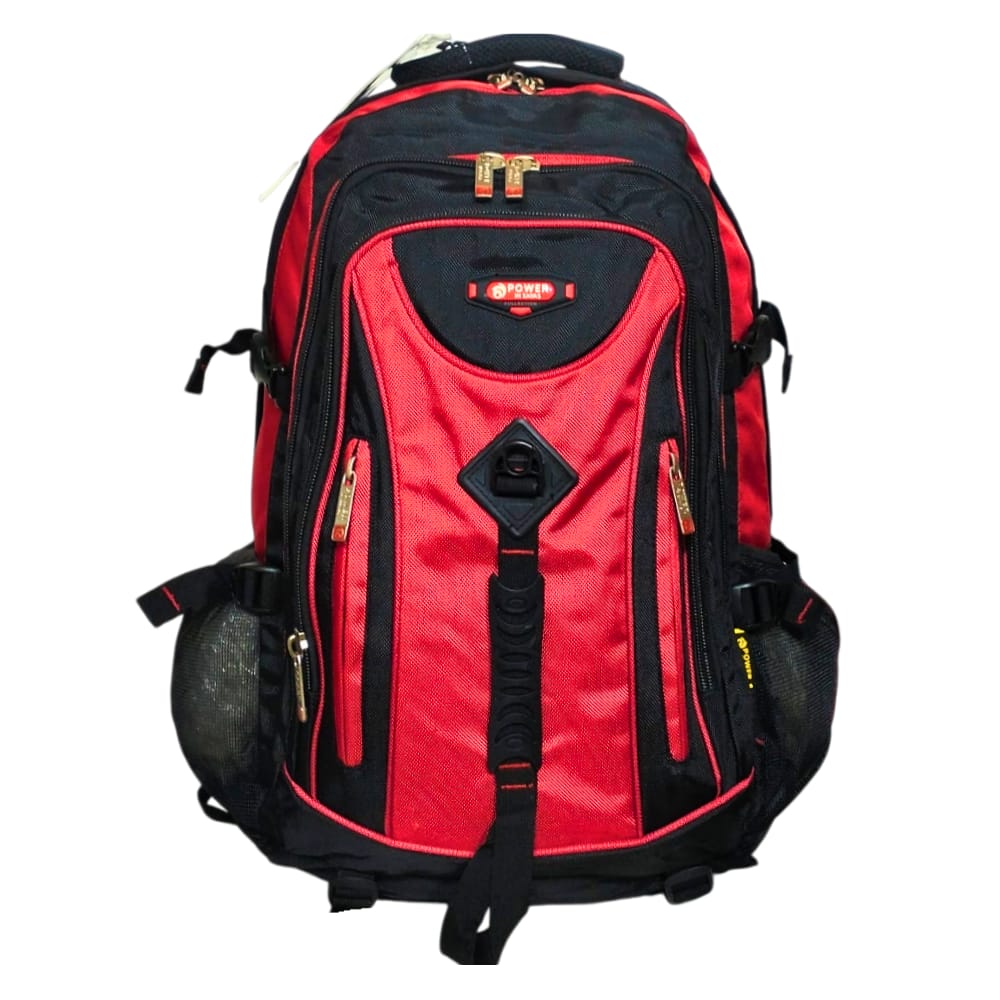 Red and black travel backpack with multiple pockets and gold zippers, ideal for students and laptop carry