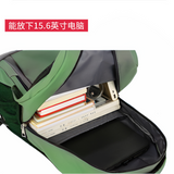 Green laptop backpack with 15.6-inch compartment, books, and accessories inside