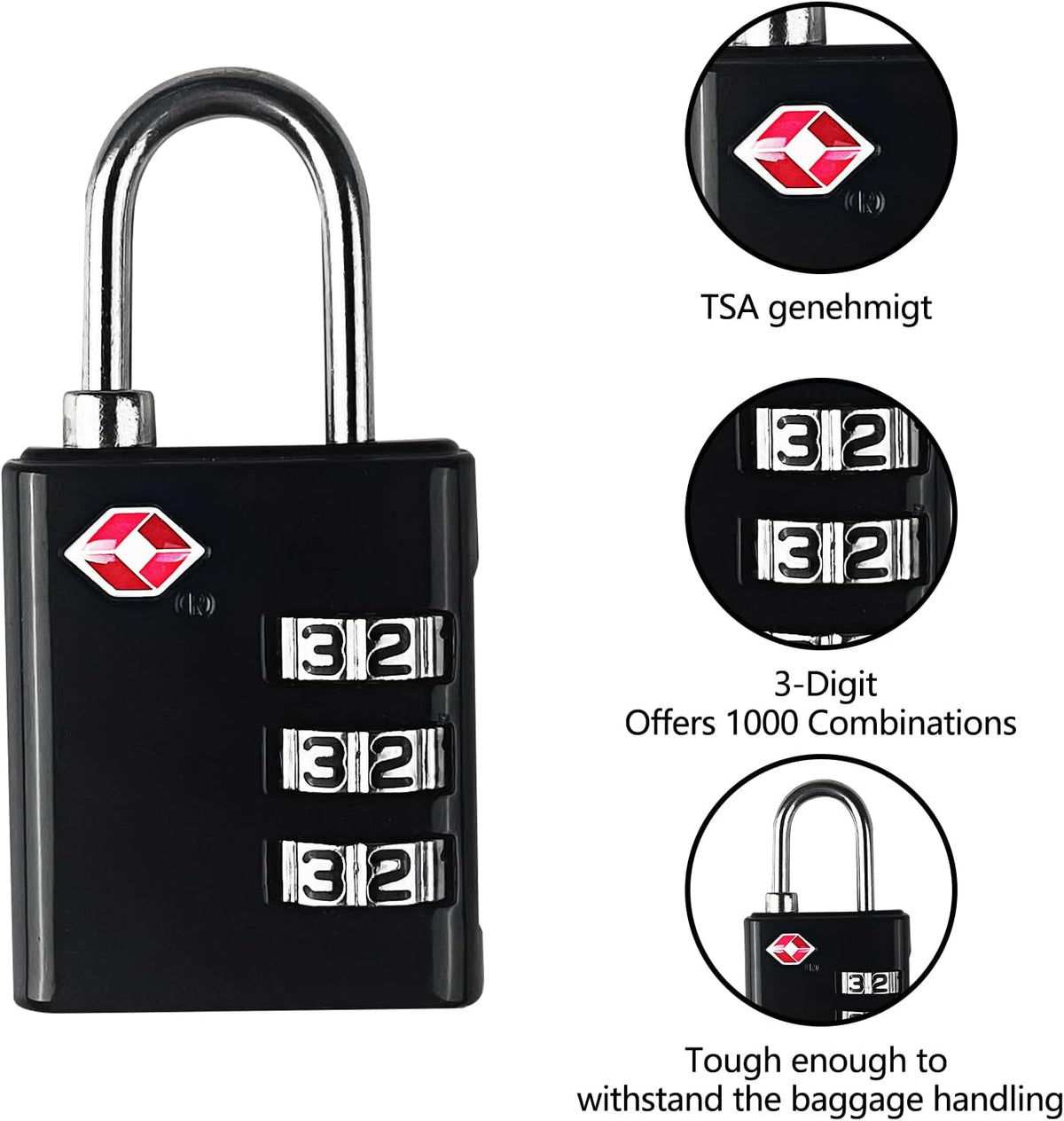 TSA-approved 3-digit combination luggage lock for secure travel, durable for baggage handling