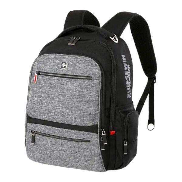 Black and gray backpack with multiple zippered compartments, laptop sleeve, and padded straps