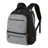 Black and gray backpack with multiple zippered compartments, laptop sleeve, and padded straps