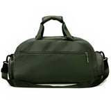 Olive green duffel bag with top handle and shoulder strap, ideal for travel and gym use.