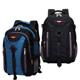Blue and black travel backpacks with multiple pockets, ideal for students and laptop carry