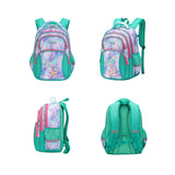 Colorful kids school backpack with mermaid tail design, pink zippers, and green straps for students