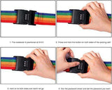 Step-by-step guide showing how to set a combination lock on a rainbow luggage strap.