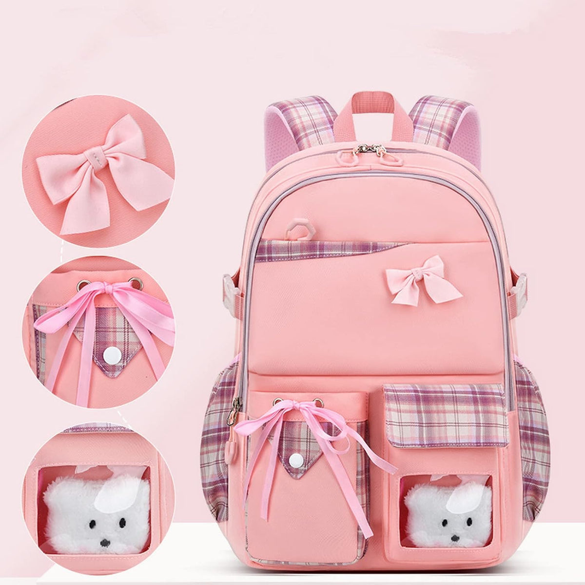 Pink school backpack with plaid accents, bow details, and cute bear pocket for students