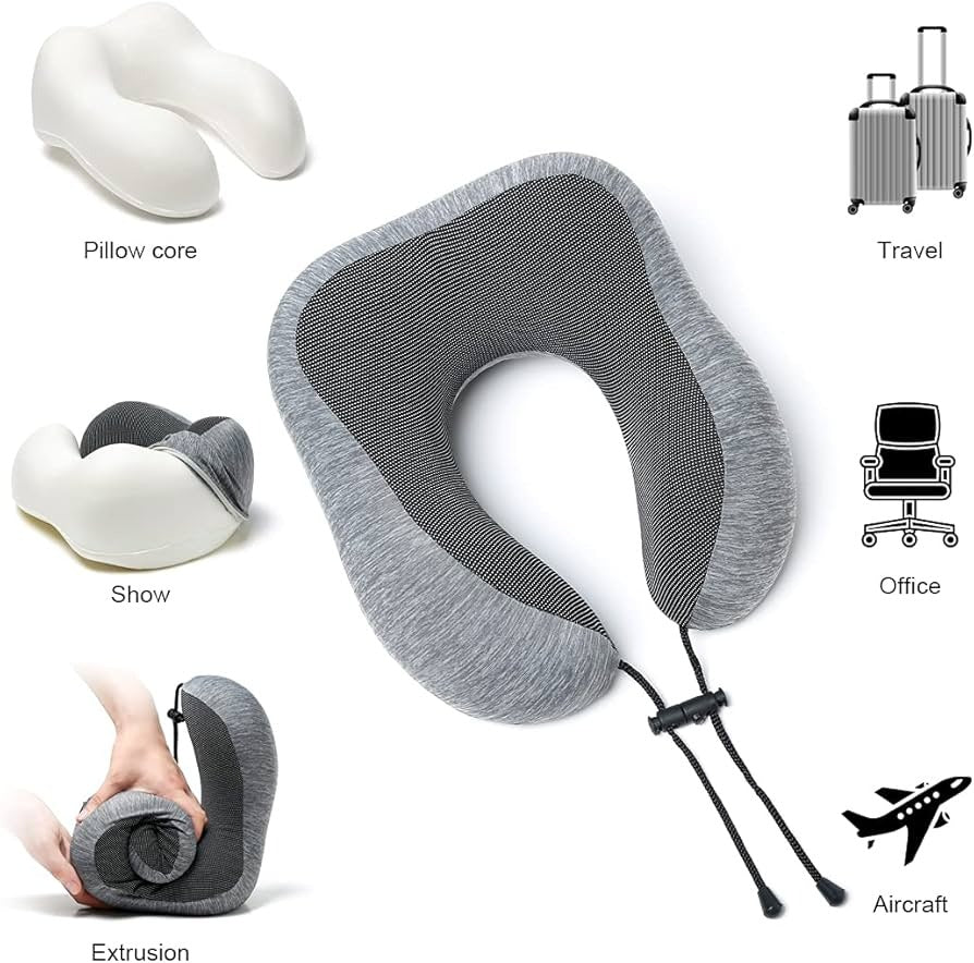 Gray memory foam travel neck pillow with mesh cover, ideal for aircraft, office, and travel comfort