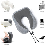 Gray memory foam travel neck pillow with mesh cover, ideal for aircraft, office, and travel comfort