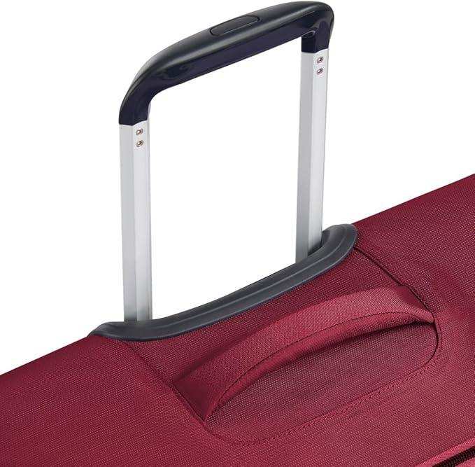 Maroon travel luggage with extendable handle and top carry grip for easy mobility