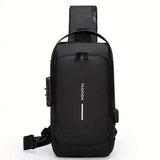 Black crossbody sling bag with USB charging port and front zipper pocket