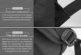Close-up of a backpack strap reinforced at force points with a durable Nifco buckle.