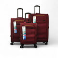 Three maroon suitcases of different sizes on a white background
