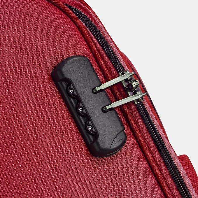 Red travel backpack with secure combination lock and zipper detail
