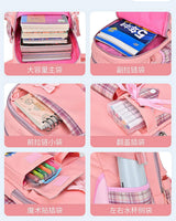 Pink student backpack with multiple compartments for books, pens, and water bottle, ideal for school use