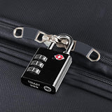 TSA-approved combination lock securing black travel luggage zipper