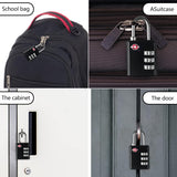Black 3-digit combination lock securing school bag, suitcase, cabinet, and door for travel and daily use