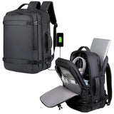 Black travel backpack with USB charging port, laptop compartment, and organized interior for students and professionals