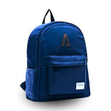 Navy blue SHAP backpack with front pocket and logo, ideal for students and travel