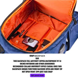 Blue backpack with orange interior, anti-theft zipper, fits 14-inch laptop, ideal for students and travel