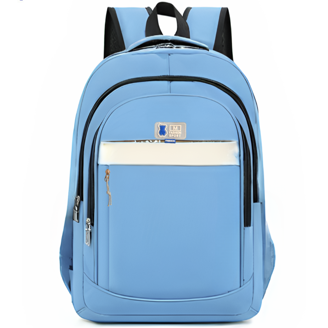 Light blue student backpack with front pocket, black straps, and M Fashion Sport logo, ideal for school or travel.
