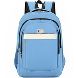 Light blue student backpack with front pocket, black straps, and M Fashion Sport logo, ideal for school or travel.