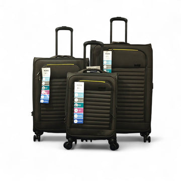 Set of three brown suitcases with visible brand labels on a white background