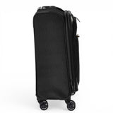 Black softside carry-on luggage with 4 spinner wheels, ideal for travel and students