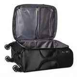 Black travel luggage with 4 wheels, open to show interior pockets and mesh compartments