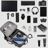 Travel backpack with laptop, camera, headphones, and essentials for students and professionals