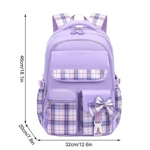 A light purple backpack with plaid accents, shown with dimension lines indicating a height of 46cm, width of 32cm, and depth of 20cm.
