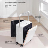 White hardshell suitcase with double-open design, side & front access, mid-mounted tie rod, light tone wheels