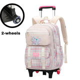 Pink plaid rolling backpack with 2 wheels, cute bunny design, ideal for students and travel