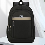 Black student backpack with front pocket and side mesh, ideal for school or travel