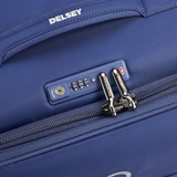 Blue Delsey travel luggage with combination lock and zipper detail