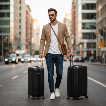 Man walking down a city street with two black suitcases, wearing a tan blazer and sunglasses.