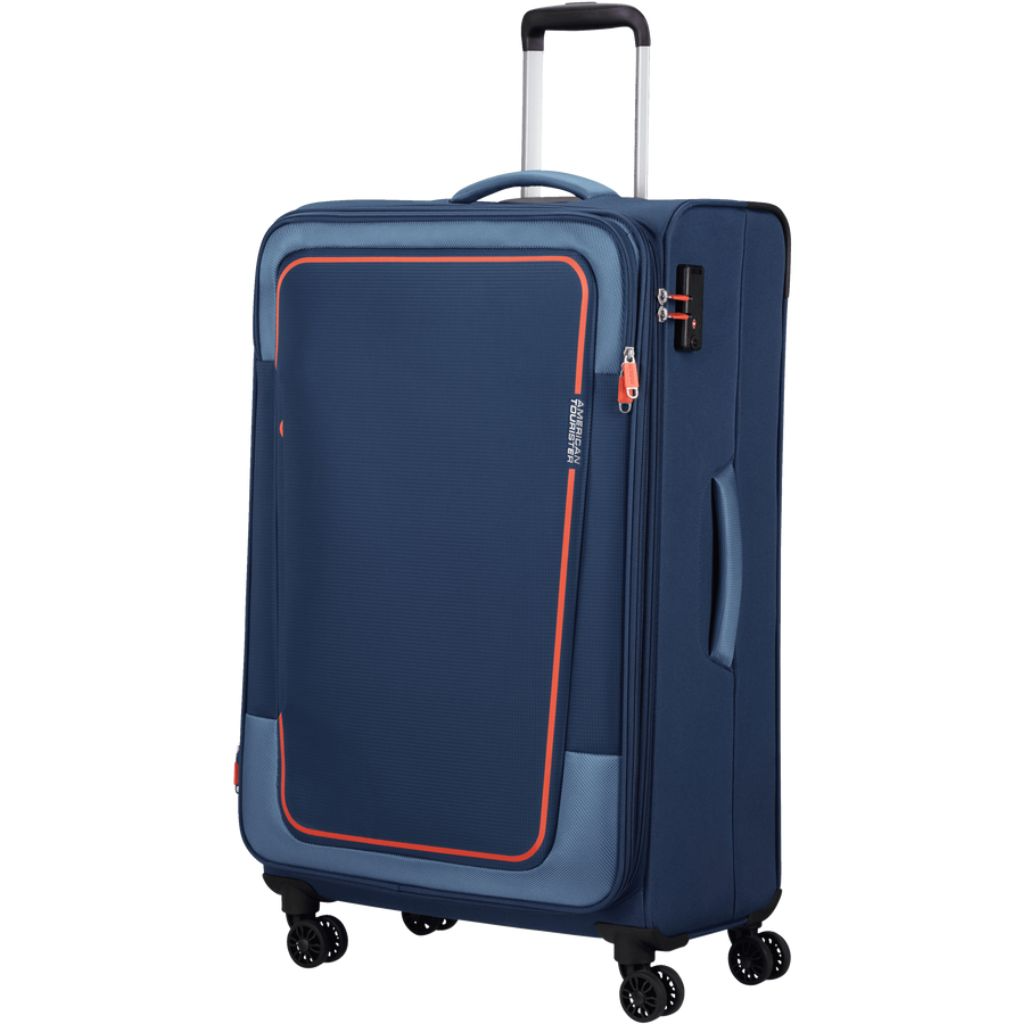 Navy blue American Tourister spinner suitcase with orange trim, ideal for travel luggage and trips