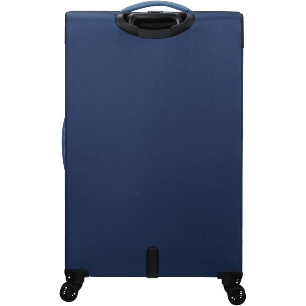 Navy blue softside travel luggage with spinner wheels and top handle for easy mobility