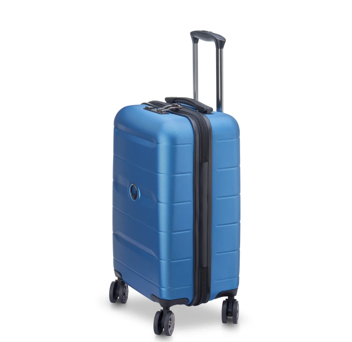 Blue hard-shell carry-on suitcase with 4 spinner wheels and extendable handle for travel
