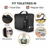 Black travel toiletry bag with side pouches, mesh pockets, metal hook, and handle for travel size & regular size items