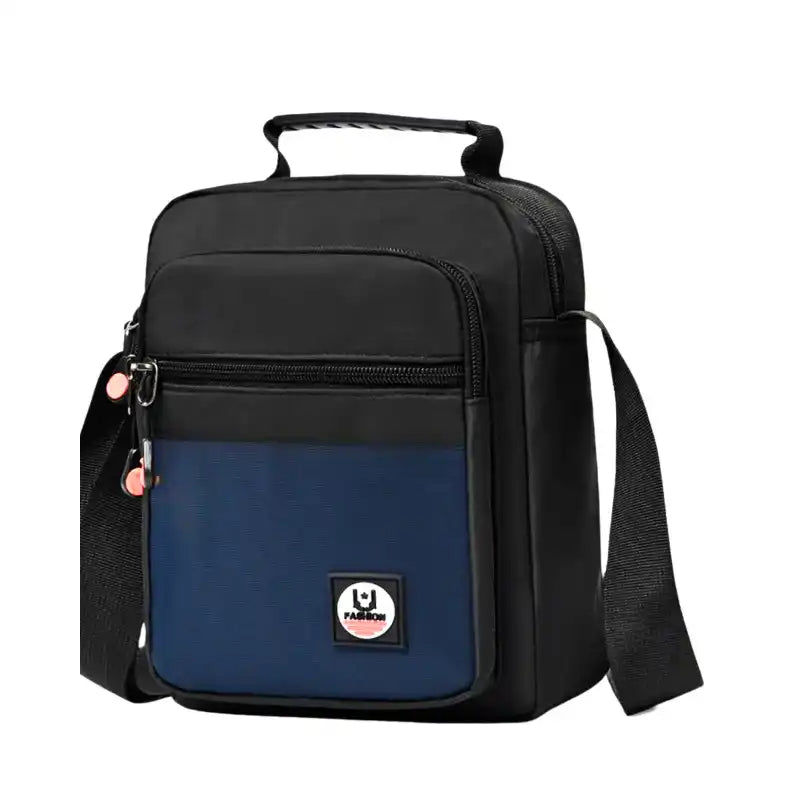 Black and blue crossbody bag with adjustable strap and front pocket, ideal for travel or daily use.