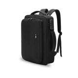 Sleek black backpack with multiple compartments and padded shoulder straps on white background