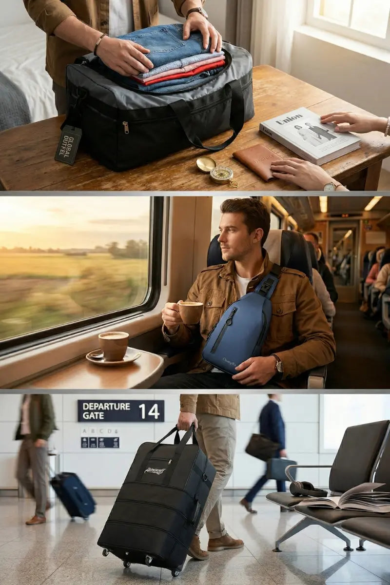 Person packing a suitcase, sitting on a train, and walking through an airport with a suitcase.