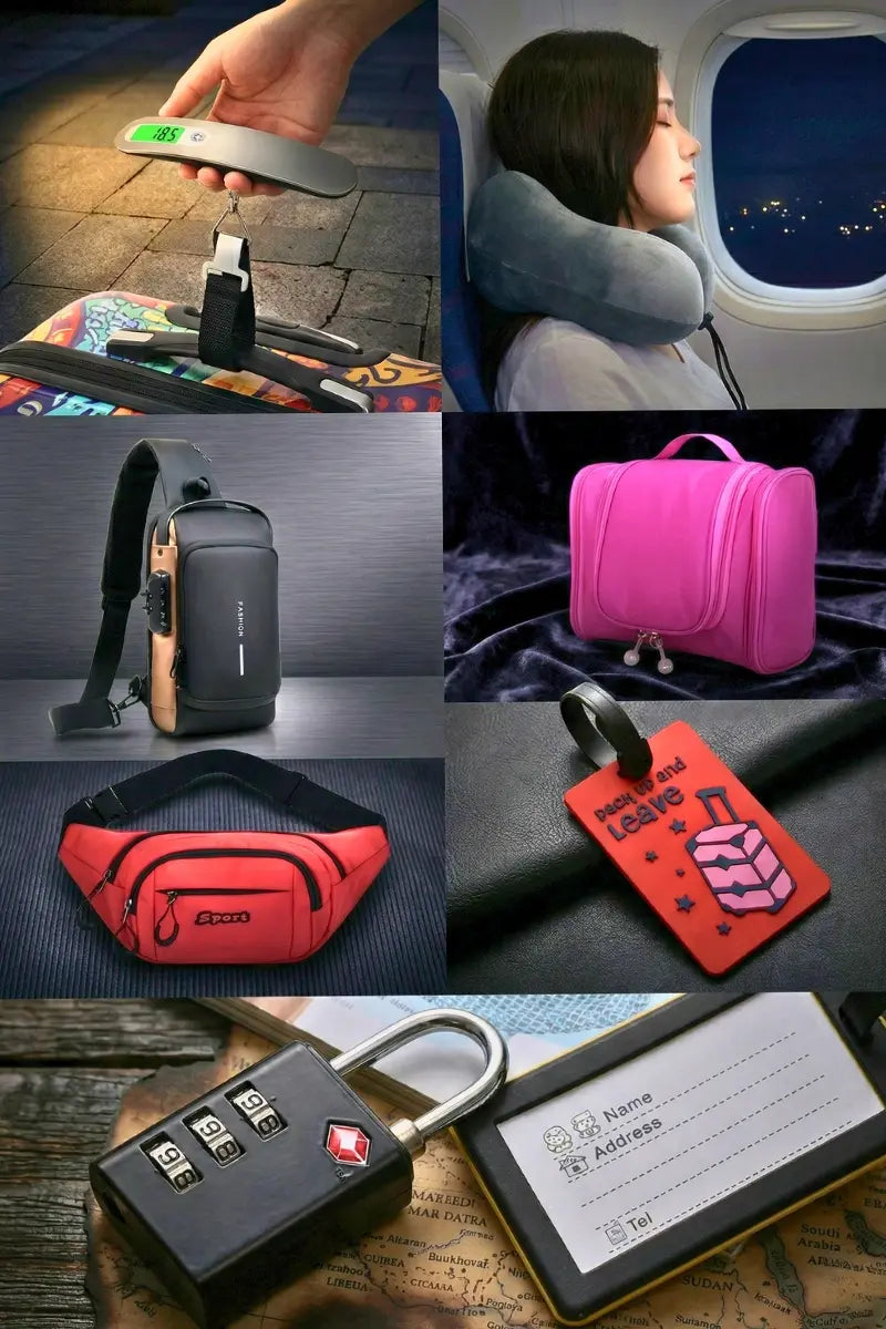 Collage of travel-related products including a luggage scale, neck pillow, bag, waist bag, lock, and tag.