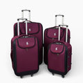 Set of four maroon suitcases with visible brand logo on a white background