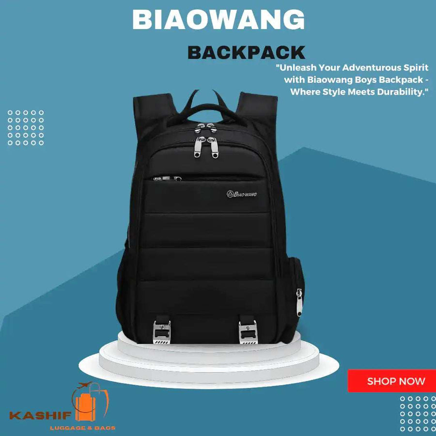 Black Biaowang backpack with multiple pockets and zippers displayed on a blue background.
